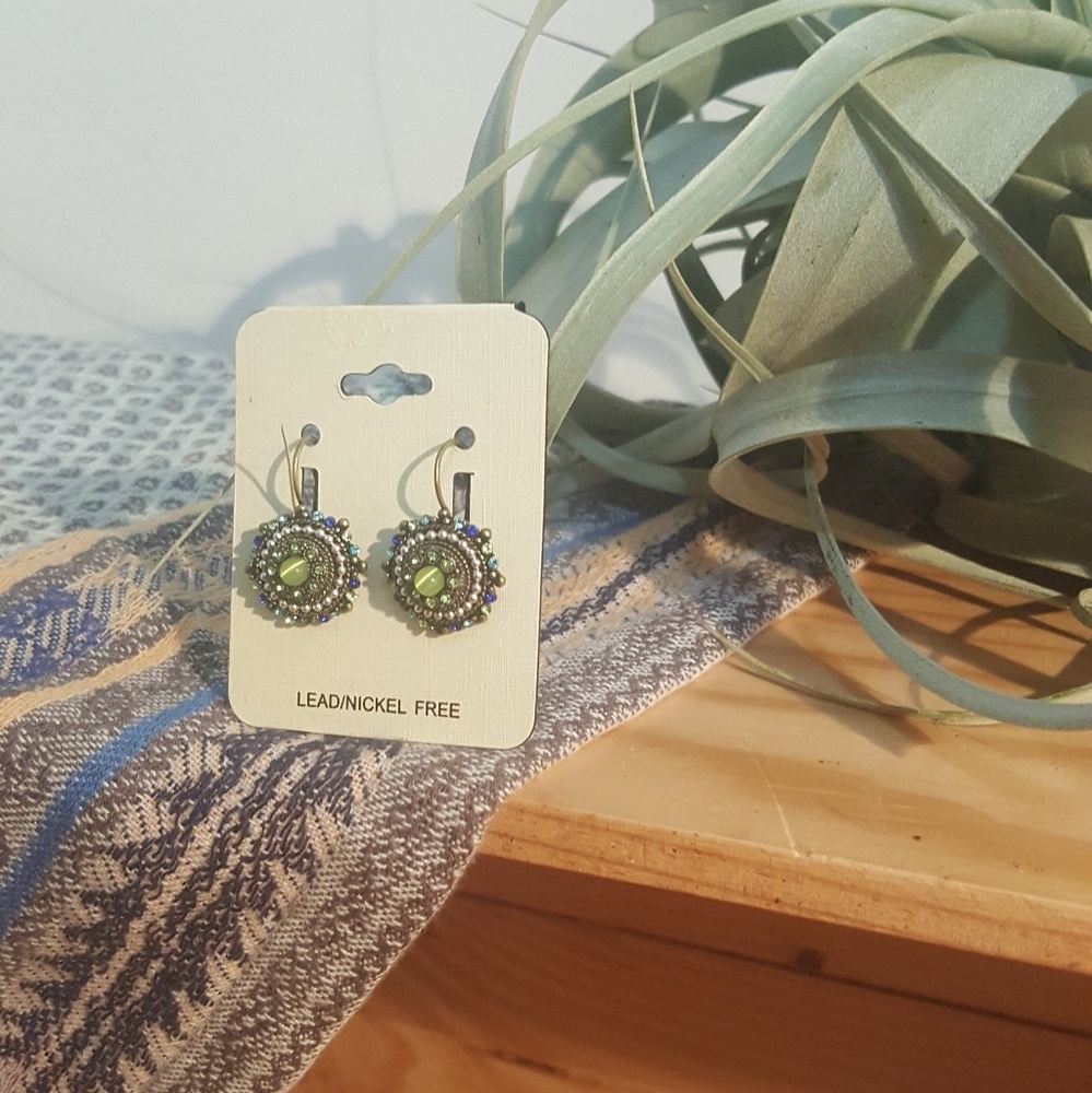 Green tigers eye and rhinestone earrings